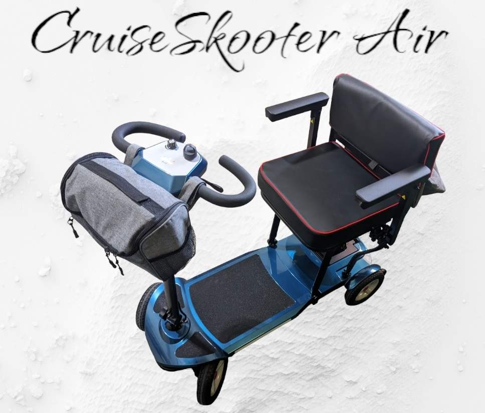 CruiseSkooter mobility scooter for cruises. Blue with title and sand2