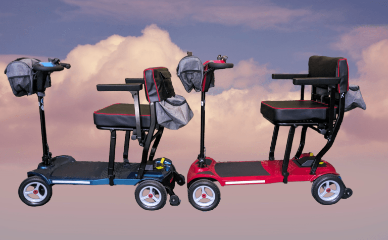CruiseSkooter mobility scooter for cruise and world travel. Red and blue cloud background