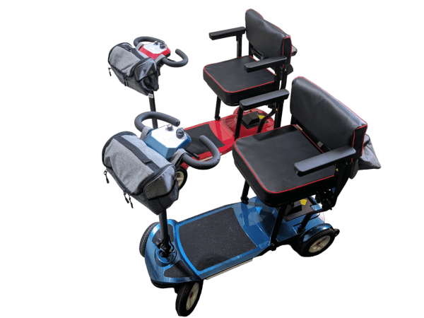 CruiseSkooter mobility scooter for cruises. Blue and red side by side10