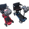 CruiseSkooter mobility scooter for cruises. Blue and red side by side