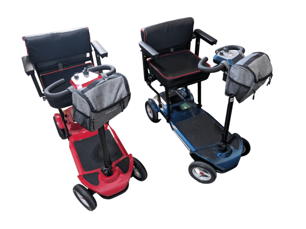 CruiseSkooter mobility scooter for cruises. Blue and red side by side